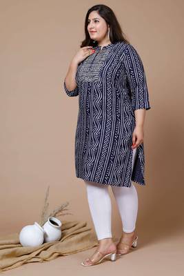Women's Plus Size Blue Coloured Rayon Embroidered Bandhej Straight Kurta 5