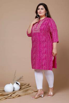 Women's Plus Size Pink Rayon Bandhej Printed Straight Kurta 5