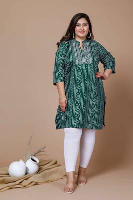Women's Plus Size Green Coloured Rayon Embroidered Bandhej Straight Kurta 1