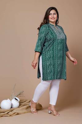Women's Plus Size Green Coloured Rayon Embroidered Bandhej Straight Kurta 2