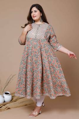 Women Plus Size Camel Brown & Orange Ethnic Motifs Gotta Patti Pure Cotton Anarkali Kurta 2