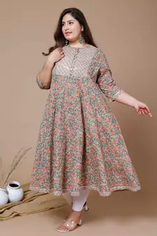 Women Plus Size Camel Brown & Orange Ethnic Motifs Gotta Patti Pure Cotton Anarkali Kurta