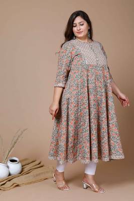 Women Plus Size Camel Brown & Orange Ethnic Motifs Gotta Patti Pure Cotton Anarkali Kurta 3