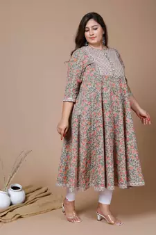 Women Plus Size Camel Brown & Orange Ethnic Motifs Gotta Patti Pure Cotton Anarkali Kurta