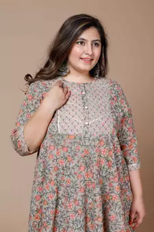 Women Plus Size Camel Brown & Orange Ethnic Motifs Gotta Patti Pure Cotton Anarkali Kurta