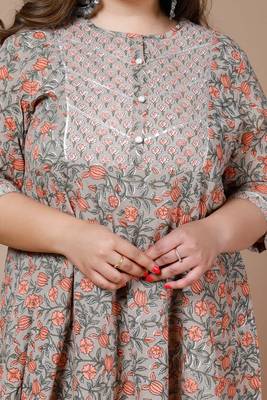 Women Plus Size Camel Brown & Orange Ethnic Motifs Gotta Patti Pure Cotton Anarkali Kurta 6