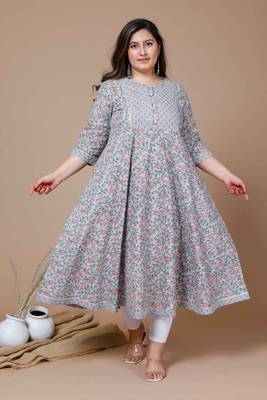 Women Plus Size Blue & Pink Ethnic Motifs Printed Gotta Patti Anarkali Kurta 1