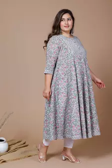 Women Plus Size Blue & Pink Ethnic Motifs Printed Gotta Patti Anarkali Kurta