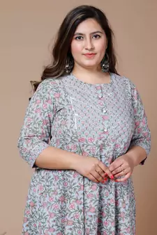 Women Plus Size Blue & Pink Ethnic Motifs Printed Gotta Patti Anarkali Kurta