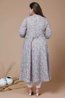 Women Plus Size Blue & Pink Ethnic Motifs Printed Gotta Patti Anarkali Kurta