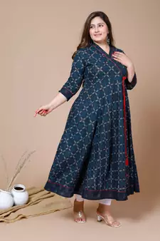 Women Plus Size Blue Floral Printed Angrakha Kurta