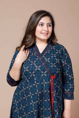 Women Plus Size Blue Floral Printed Angrakha Kurta 3