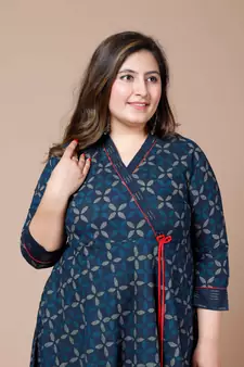 Women Plus Size Blue Floral Printed Angrakha Kurta