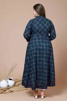 Women Plus Size Blue Floral Printed Angrakha Kurta