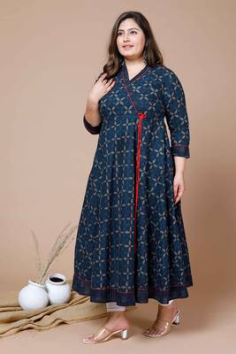 Women Plus Size Blue Floral Printed Angrakha Kurta 5
