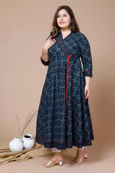Women Plus Size Blue Floral Printed Angrakha Kurta