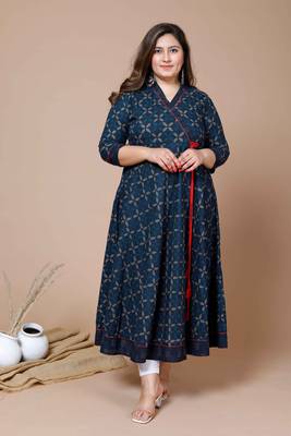 Women Plus Size Blue Floral Printed Angrakha Kurta 6