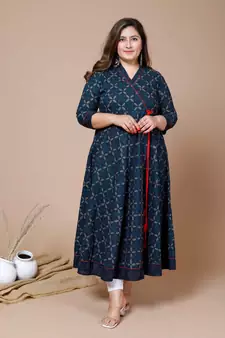 Women Plus Size Blue Floral Printed Angrakha Kurta
