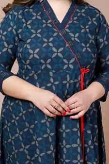 Women Plus Size Blue Floral Printed Angrakha Kurta