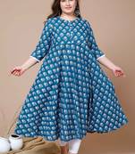 Women Plus Size Blue & White Ethnic Motifs Printed Cotton Anarkali Kurta