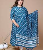 Women Plus Size Blue Printed Anarkali Kurta With Dupatta