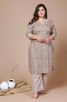 Women Plus Size Brown Floral Printed Gotta Patti Pure Cotton Kurta with Palazzos