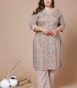 Women Plus Size Brown Floral Printed Gotta Patti Pure Cotton Kurta with Palazzos