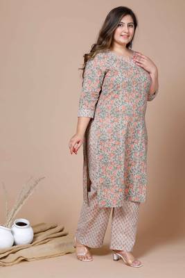 Women Plus Size Brown Floral Printed Gotta Patti Pure Cotton Kurta with Palazzos 2