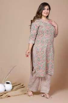 Women Plus Size Brown Floral Printed Gotta Patti Pure Cotton Kurta with Palazzos
