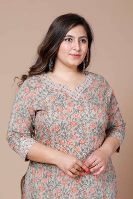 Women Plus Size Brown Floral Printed Gotta Patti Pure Cotton Kurta with Palazzos 3