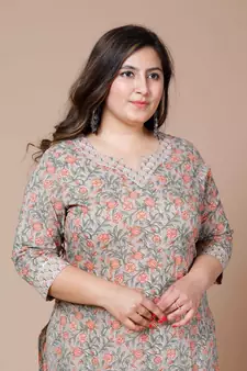 Women Plus Size Brown Floral Printed Gotta Patti Pure Cotton Kurta with Palazzos