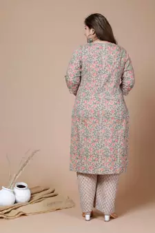 Women Plus Size Brown Floral Printed Gotta Patti Pure Cotton Kurta with Palazzos