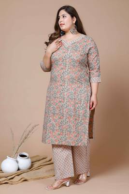 Women Plus Size Brown Floral Printed Gotta Patti Pure Cotton Kurta with Palazzos 5