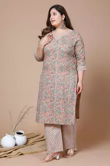 Women Plus Size Brown Floral Printed Gotta Patti Pure Cotton Kurta with Palazzos