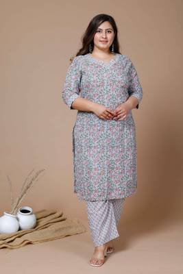 Women Plus Size Blue Floral Printed Gotta Patti Pure Cotton Kurta with Palazzos 1