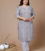 Women Plus Size Blue Floral Printed Gotta Patti Pure Cotton Kurta with Palazzos