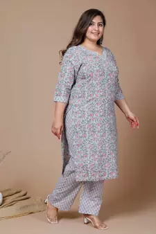Women Plus Size Blue Floral Printed Gotta Patti Pure Cotton Kurta with Palazzos