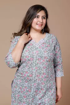 Women Plus Size Blue Floral Printed Gotta Patti Pure Cotton Kurta with Palazzos