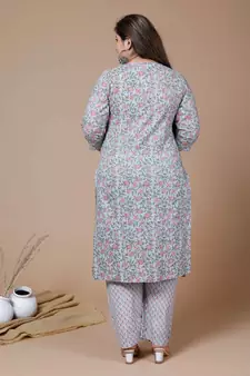 Women Plus Size Blue Floral Printed Gotta Patti Pure Cotton Kurta with Palazzos