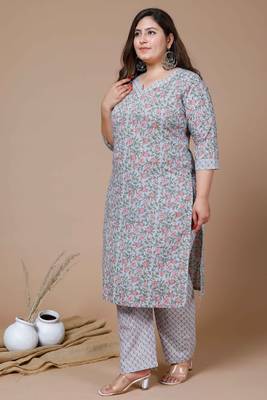 Women Plus Size Blue Floral Printed Gotta Patti Pure Cotton Kurta with Palazzos 5