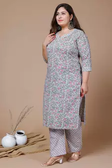 Women Plus Size Blue Floral Printed Gotta Patti Pure Cotton Kurta with Palazzos
