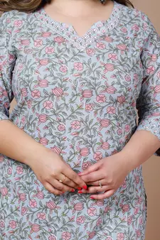 Women Plus Size Blue Floral Printed Gotta Patti Pure Cotton Kurta with Palazzos