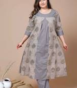 Women Plus Size Beige Floral Printed  Pure Cotton Kurta with Palazzo