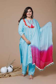 Womens Plus Size Sky Blue Embroidered Straight Kurta And Pant With Dupatta Set