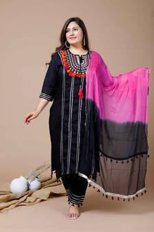 Womens Plus Size Black Embroidered Straight Kurta And Pant With Dupatta Set