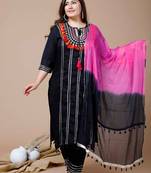 Womens Plus Size Black Embroidered Straight Kurta And Pant With Dupatta Set
