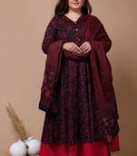 Womens Plus Size Maroon Printed Cotton Anarkali Kurta & Dupatta