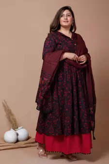 Womens Plus Size Maroon Printed Cotton Anarkali Kurta & Dupatta