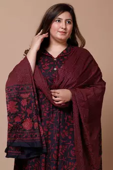 Womens Plus Size Maroon Printed Cotton Anarkali Kurta & Dupatta
