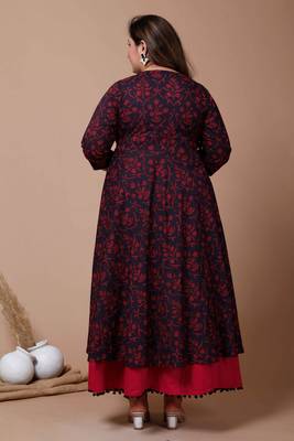 Womens Plus Size Maroon Printed Cotton Anarkali Kurta & Dupatta 5